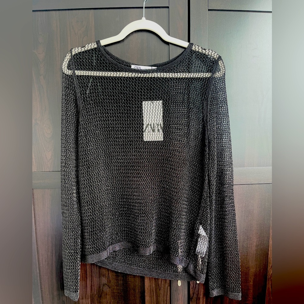 Zara Black Mesh Long sleeve top (size L) NWT